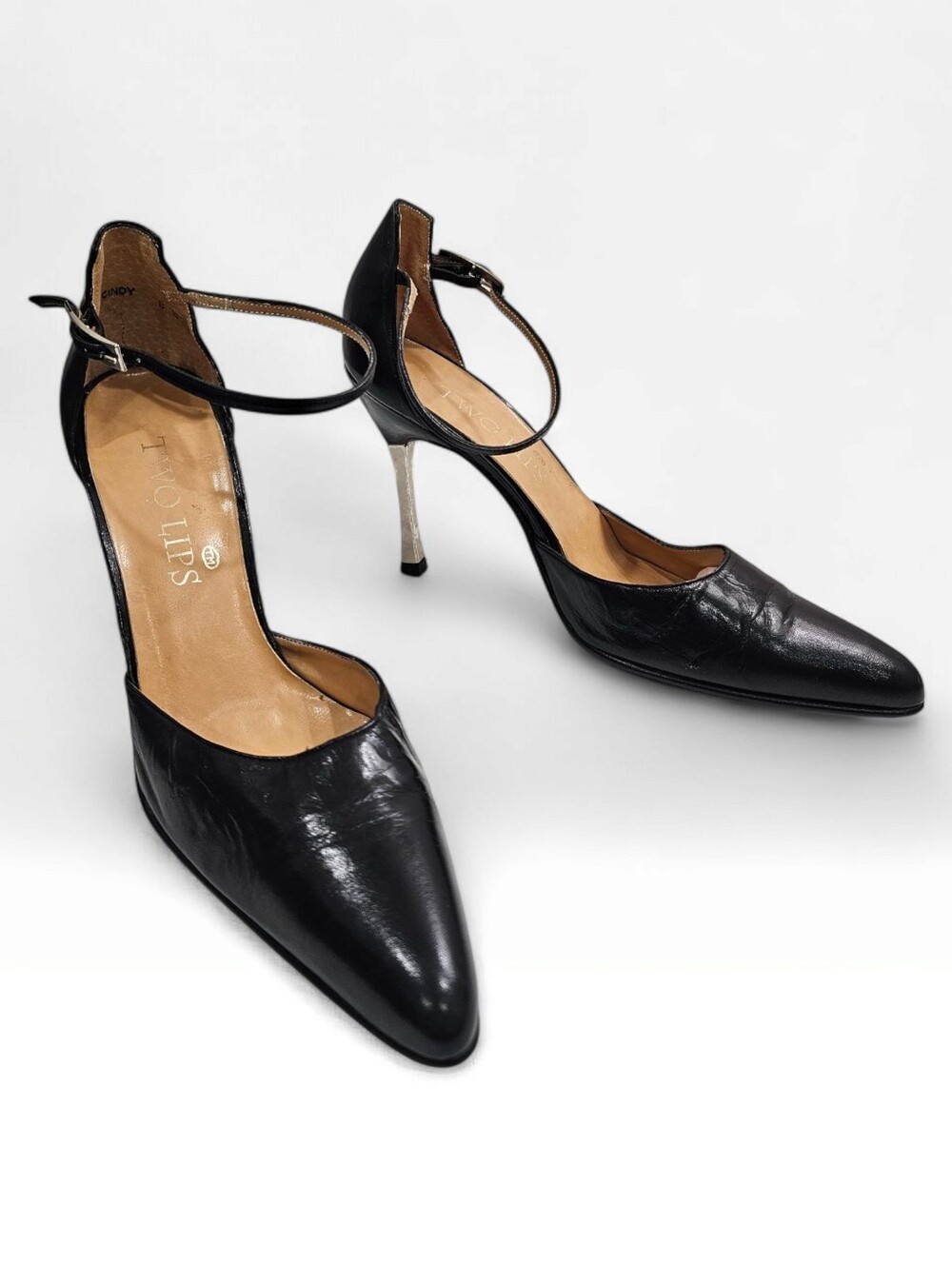 TWO LIPS Vtg Black Leather D'Orsay Pointed Toe Ankle Strap Stiletto Pumps 8M